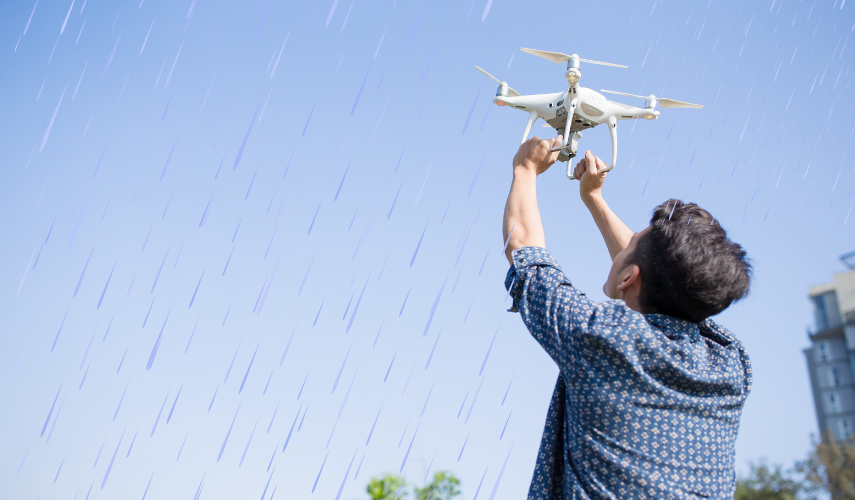 Flying drone fashion in rain